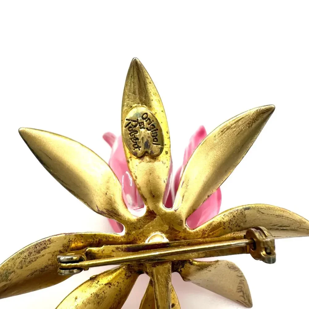 Original by Robert signed vintage gold tone pink green enamel 3D flower brooch